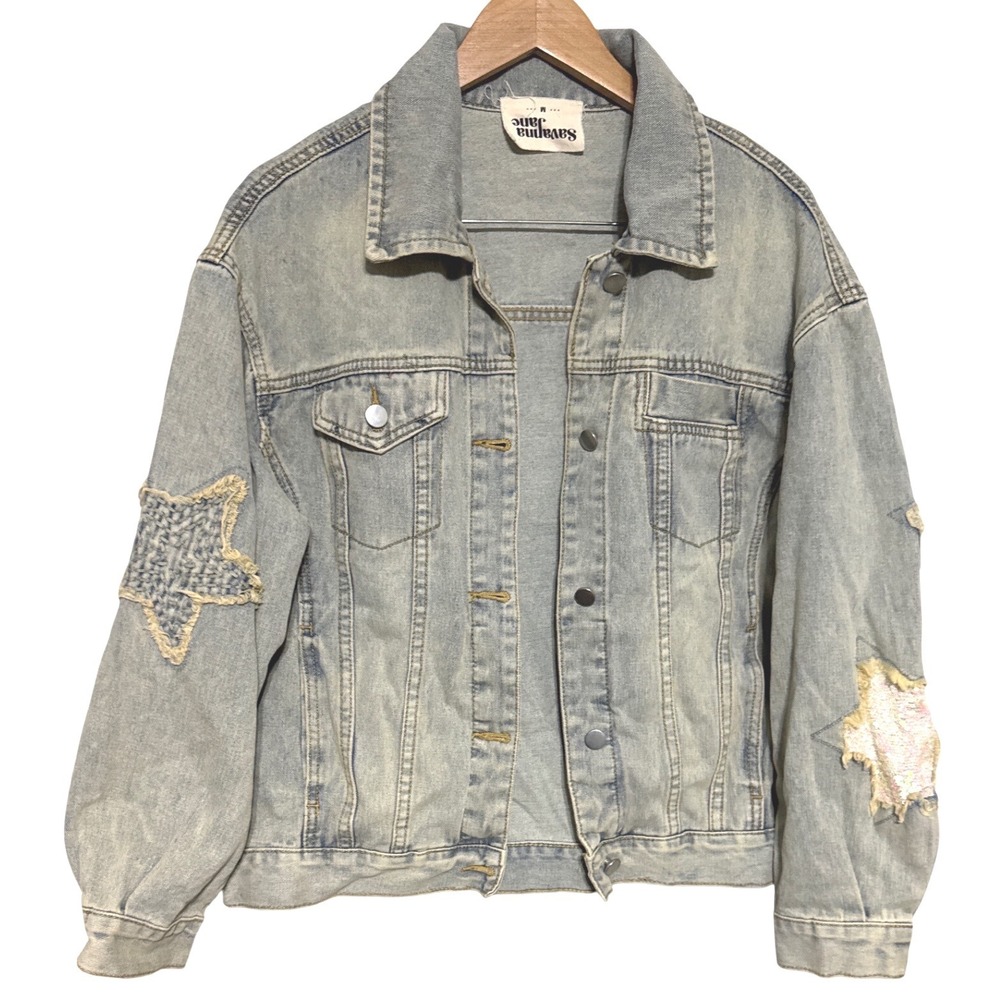 Savanna Jane Light Sequin Star Patch‎ Med Denim Jacket Boho Rodeo Trucker NWT